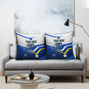 Personalized Curacao Football Marlin Mascot Pillow Cover Caribbean Flag Colors Geometric Blue