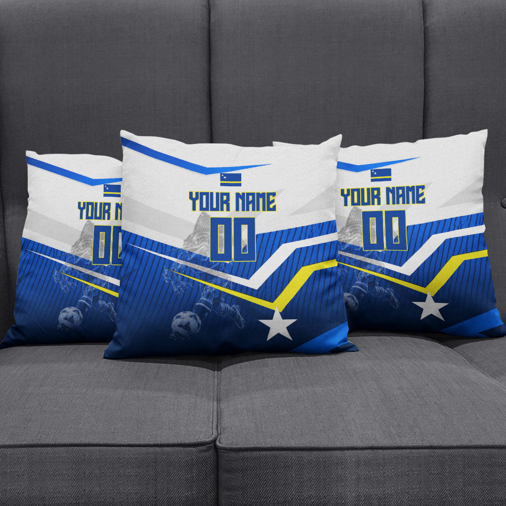 Personalized Curacao Football Marlin Mascot Pillow Cover Caribbean Flag Colors Geometric Blue