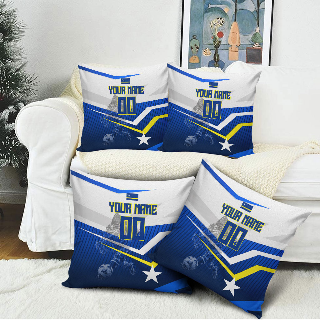 Personalized Curacao Football Marlin Mascot Pillow Cover Caribbean Flag Colors Geometric Blue