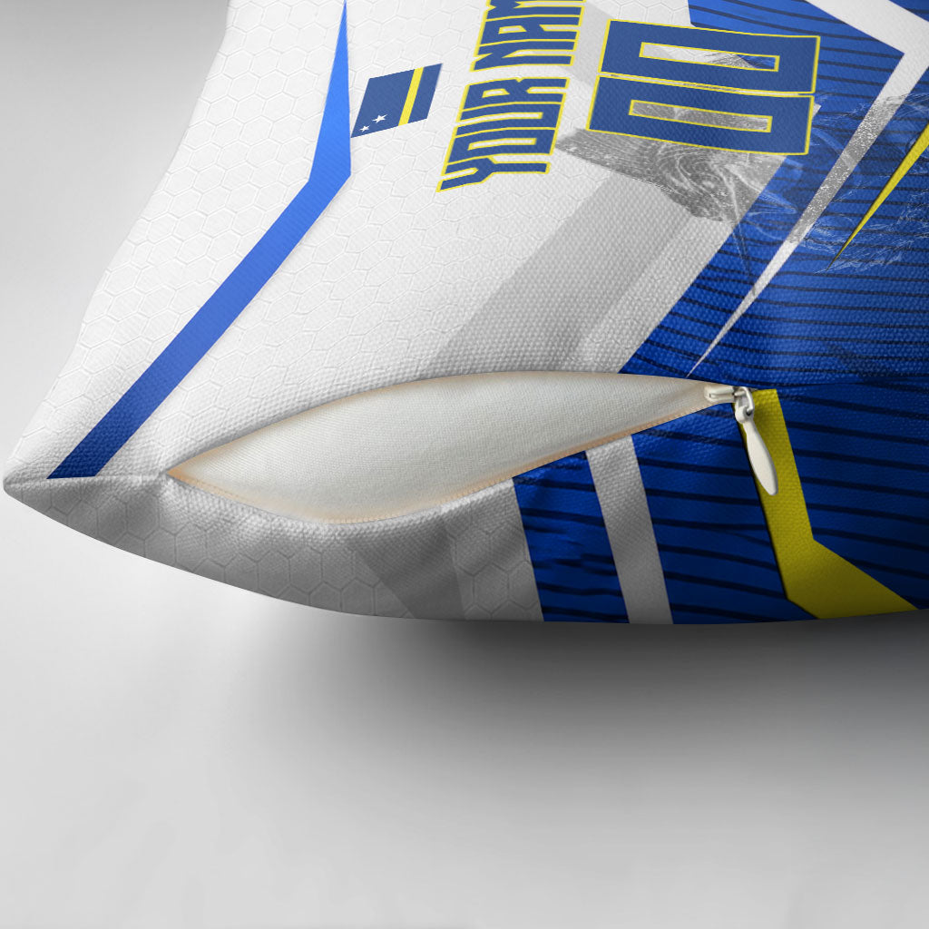 Personalized Curacao Football Marlin Mascot Pillow Cover Caribbean Flag Colors Geometric Blue
