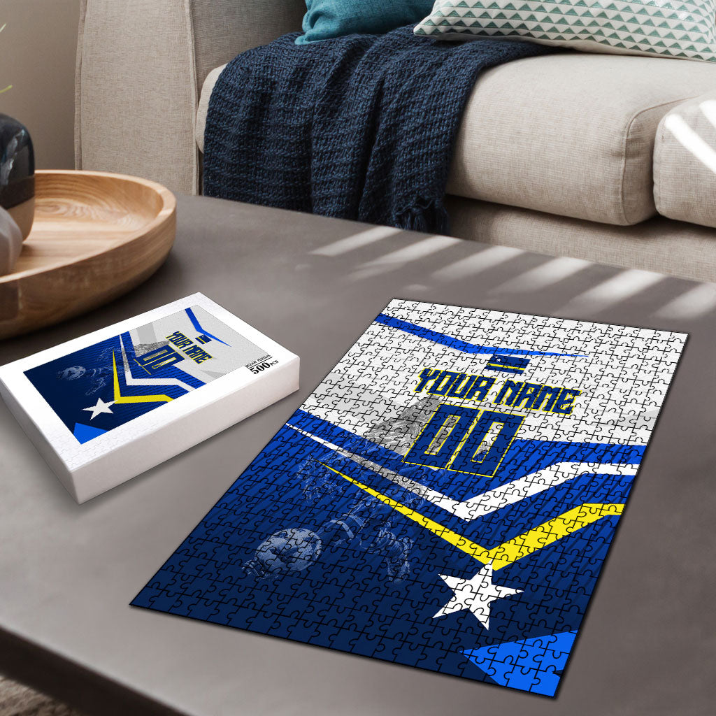 Personalized Curacao Football Marlin Mascot Puzzle Caribbean Flag Colors Geometric Blue