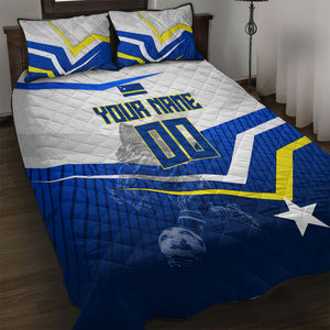 Personalized Curacao Football Marlin Mascot Quilt Bed Set Caribbean Flag Colors Geometric Blue