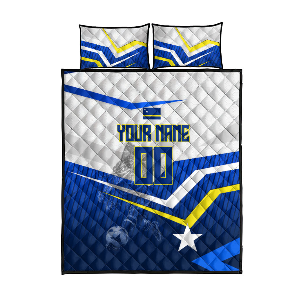 Personalized Curacao Football Marlin Mascot Quilt Bed Set Caribbean Flag Colors Geometric Blue