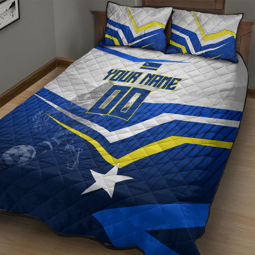 Personalized Curacao Football Marlin Mascot Quilt Bed Set Caribbean Flag Colors Geometric Blue