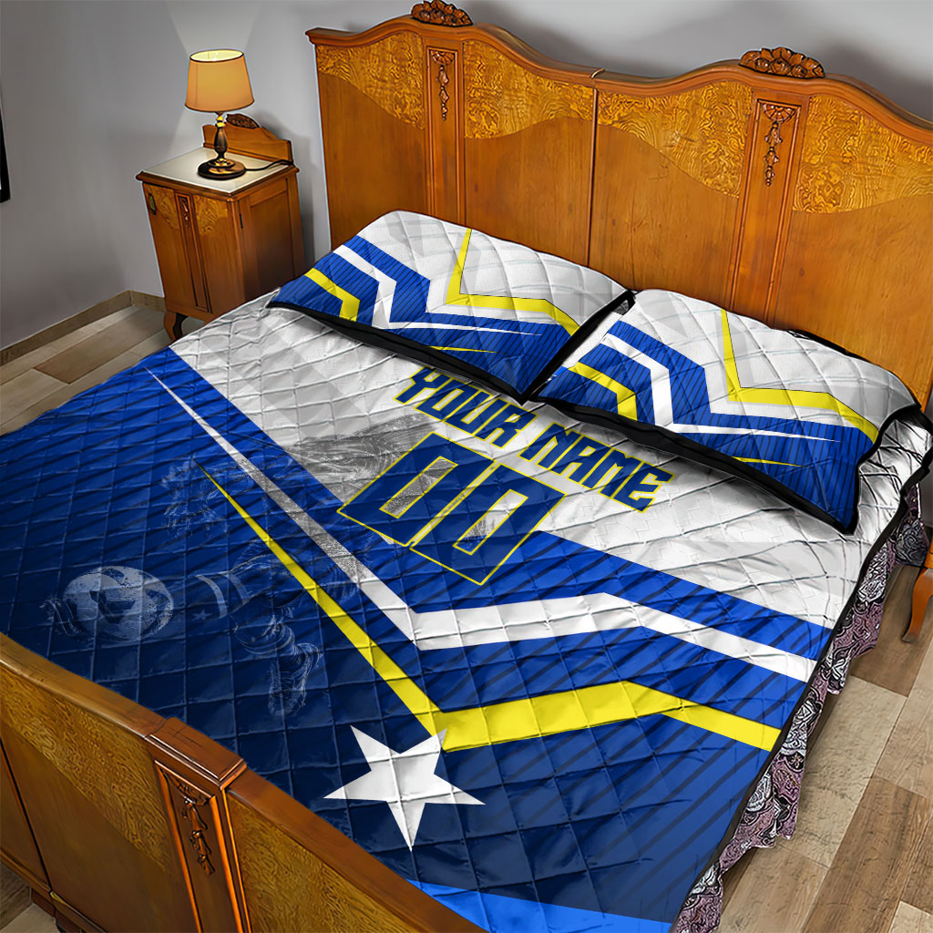 Personalized Curacao Football Marlin Mascot Quilt Bed Set Caribbean Flag Colors Geometric Blue