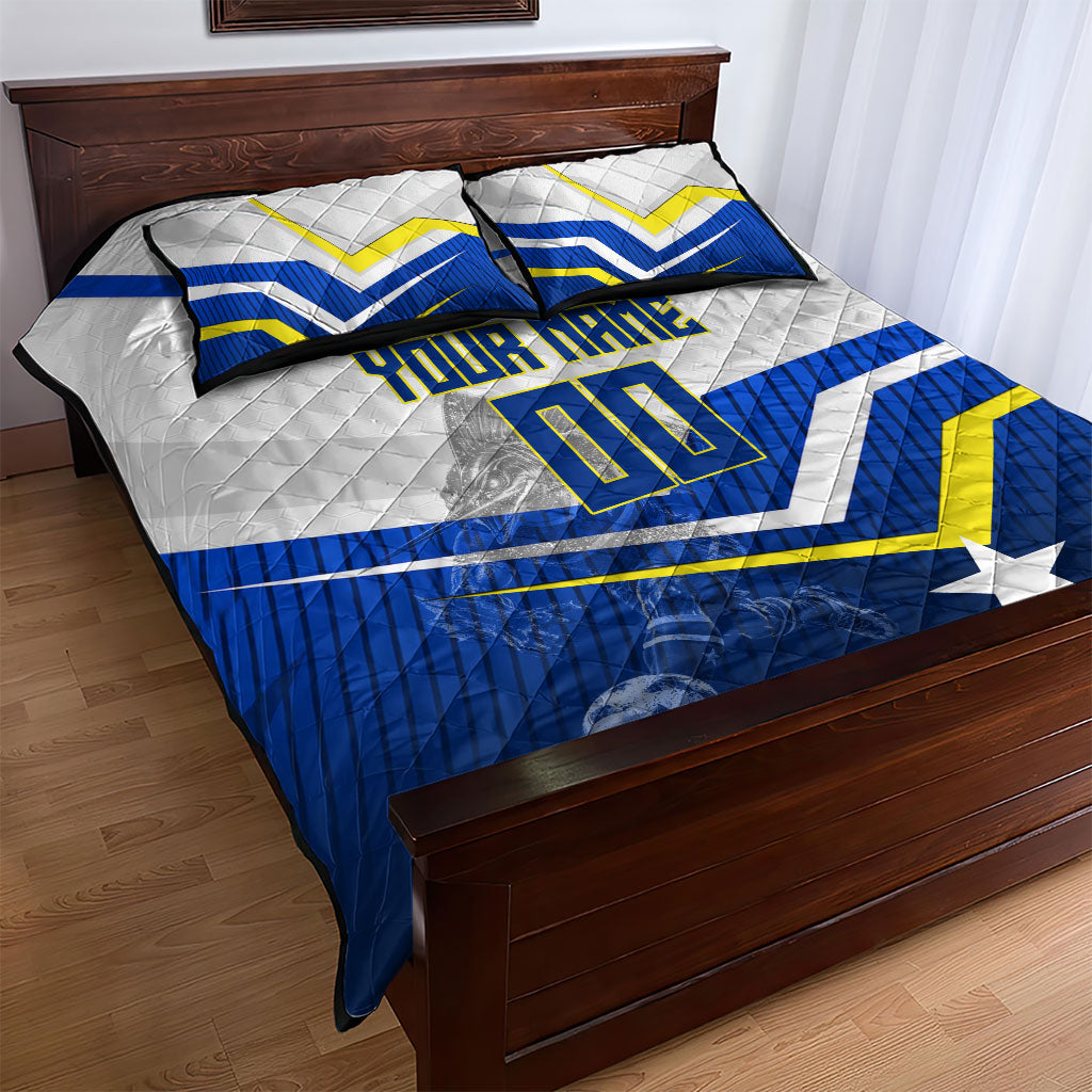 Personalized Curacao Football Marlin Mascot Quilt Bed Set Caribbean Flag Colors Geometric Blue