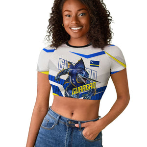 Personalized Curacao Football Marlin Mascot Raglan Cropped T shirt Caribbean Flag Colors Geometric Blue