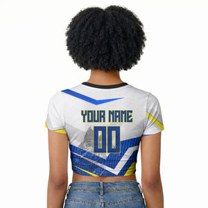 Personalized Curacao Football Marlin Mascot Raglan Cropped T shirt Caribbean Flag Colors Geometric Blue