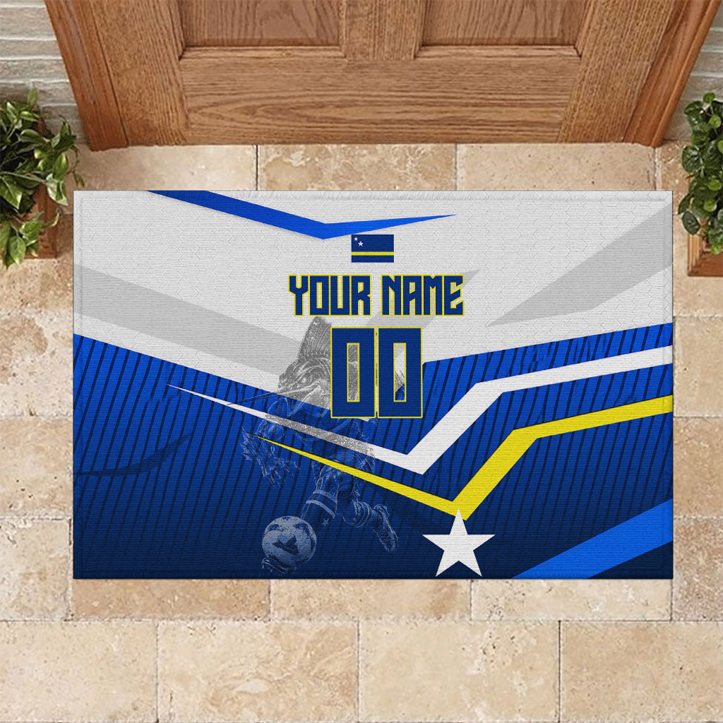 Personalized Curacao Football Marlin Mascot Rubber Doormat Caribbean Flag Colors Geometric Blue