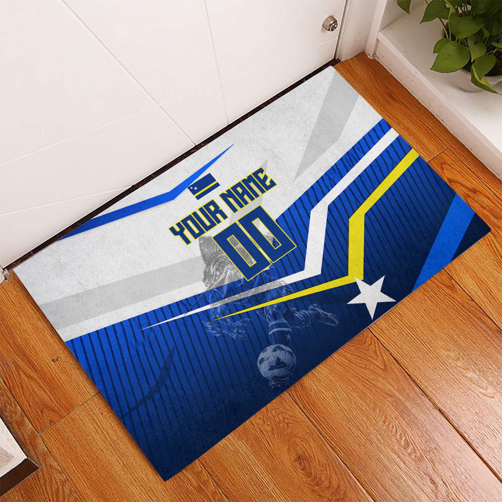 Personalized Curacao Football Marlin Mascot Rubber Doormat Caribbean Flag Colors Geometric Blue