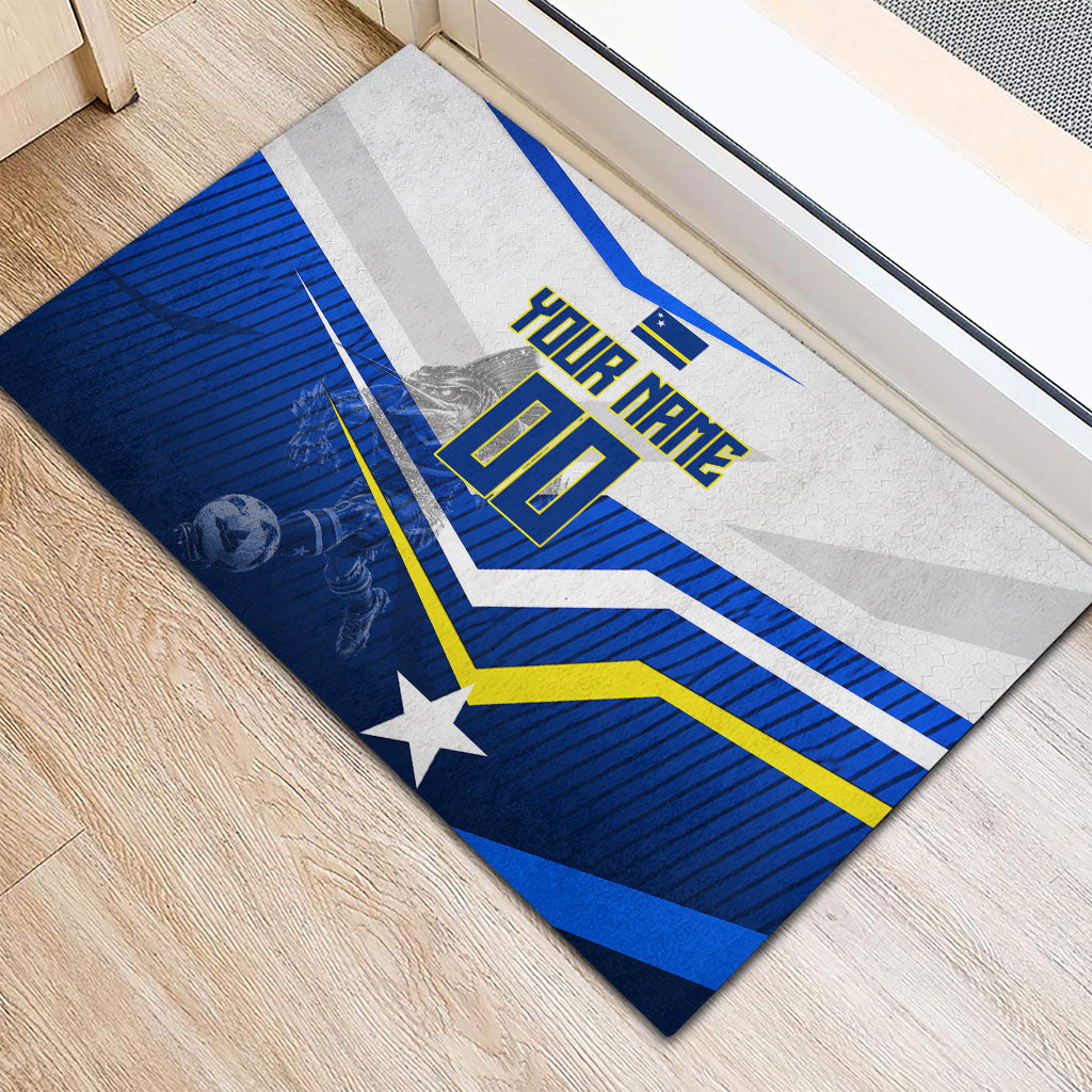 Personalized Curacao Football Marlin Mascot Rubber Doormat Caribbean Flag Colors Geometric Blue