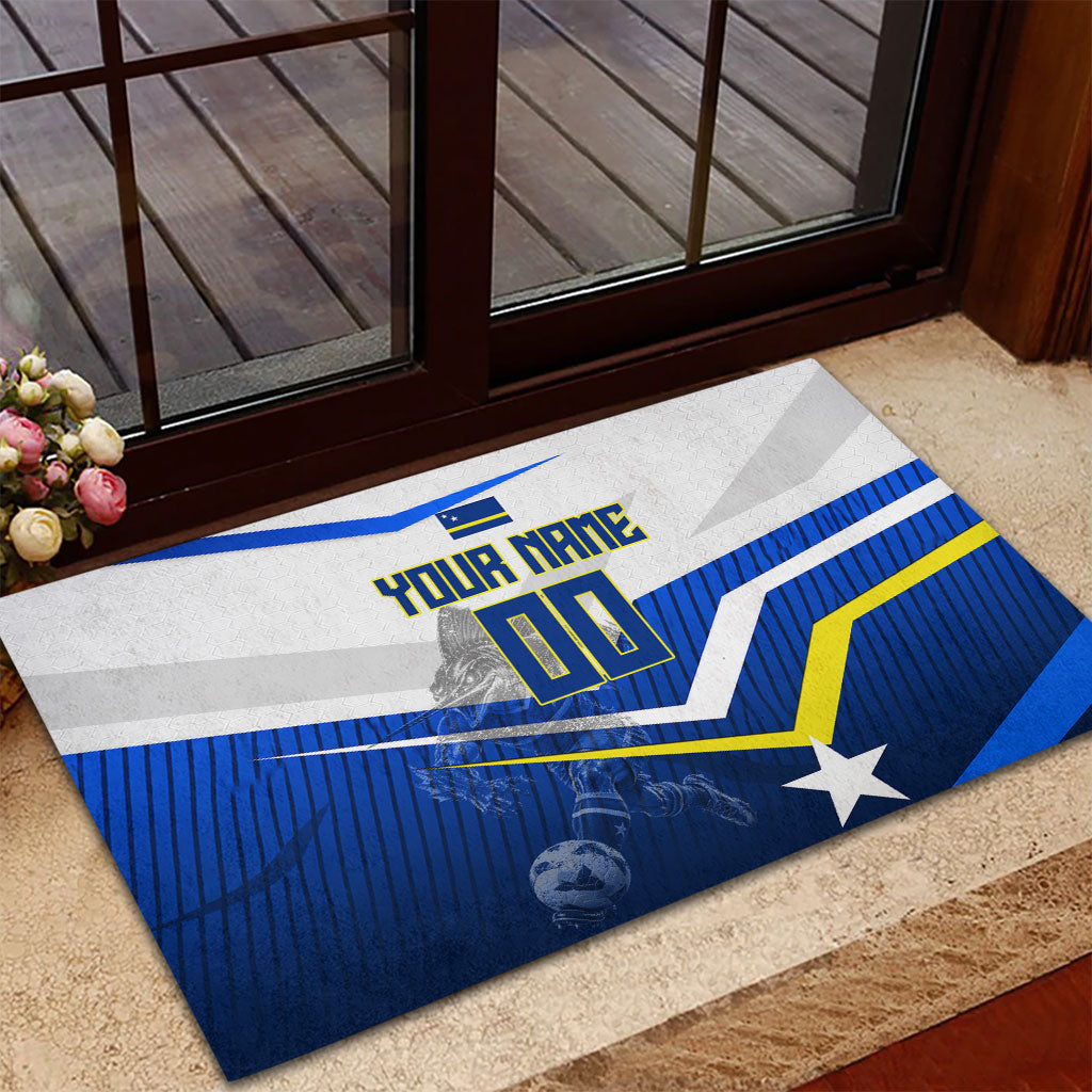 Personalized Curacao Football Marlin Mascot Rubber Doormat Caribbean Flag Colors Geometric Blue