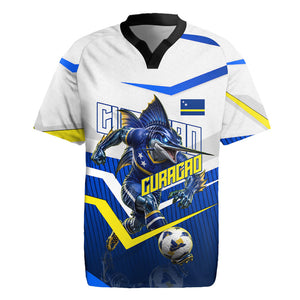 Personalized Curacao Football Marlin Mascot Rugby Jersey Caribbean Flag Colors Geometric Blue