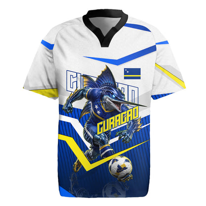 Personalized Curacao Football Marlin Mascot Rugby Jersey Caribbean Flag Colors Geometric Blue