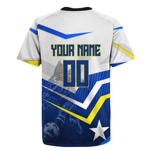 Personalized Curacao Football Marlin Mascot Rugby Jersey Caribbean Flag Colors Geometric Blue