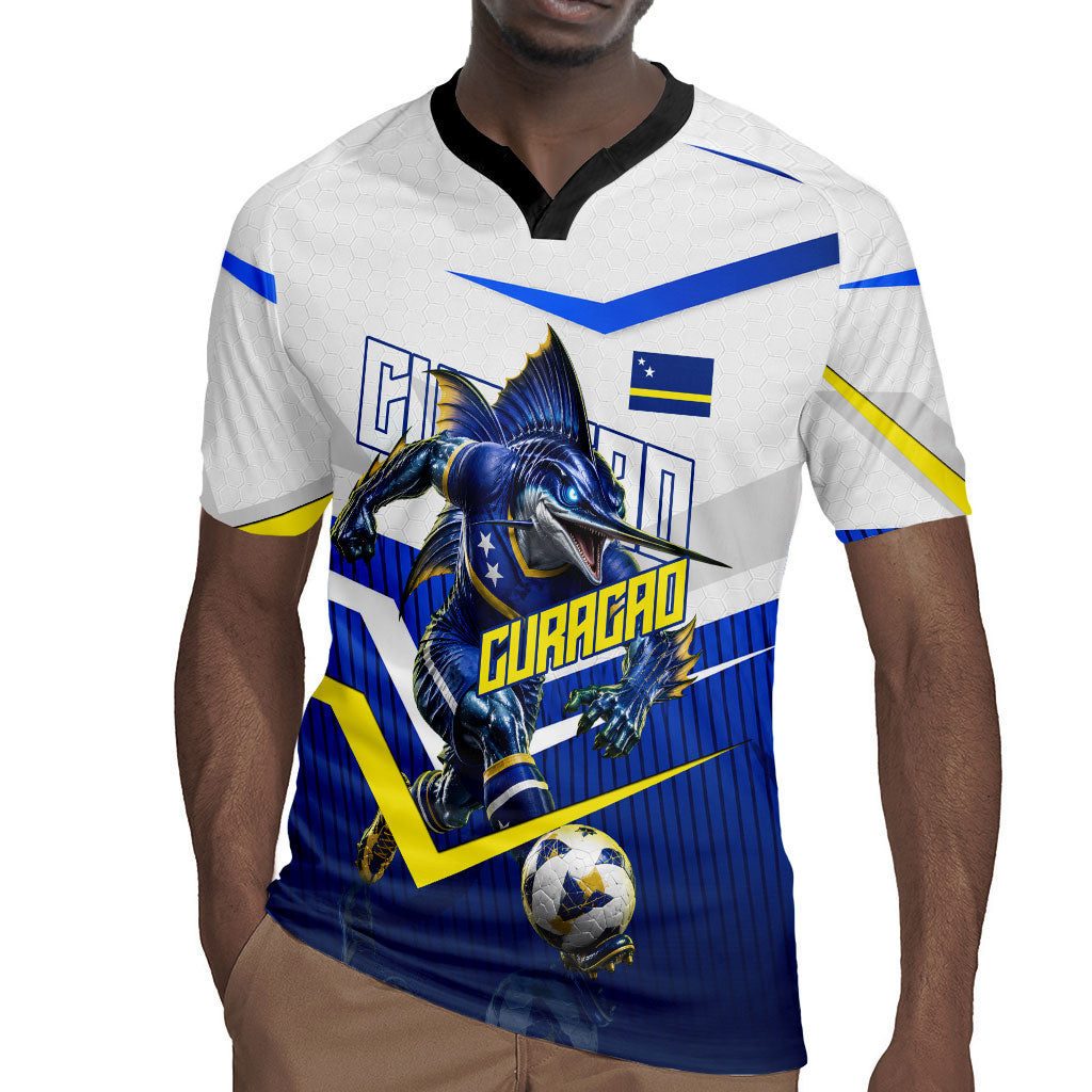 Personalized Curacao Football Marlin Mascot Rugby Jersey Caribbean Flag Colors Geometric Blue