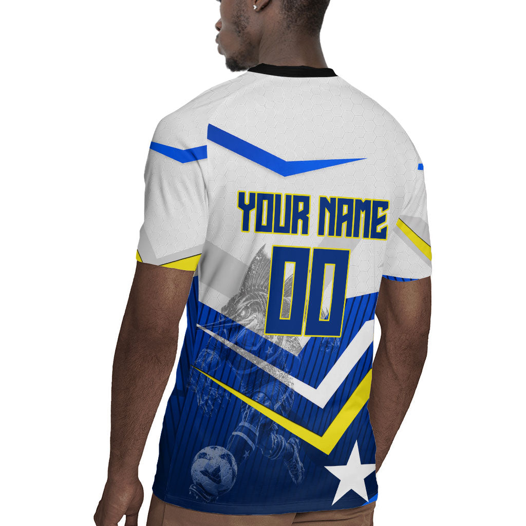 Personalized Curacao Football Marlin Mascot Rugby Jersey Caribbean Flag Colors Geometric Blue