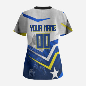 Personalized Curacao Football Marlin Mascot Scrub Top Caribbean Flag Colors Geometric Blue