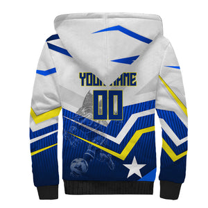 Personalized Curacao Football Marlin Mascot Sherpa Hoodie Caribbean Flag Colors Geometric Blue