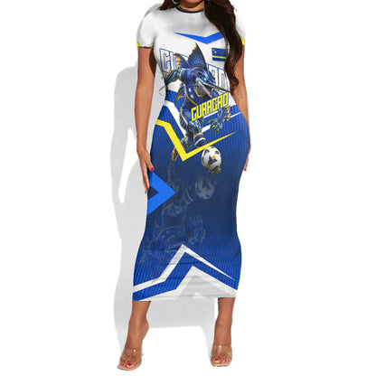Personalized Curacao Football Marlin Mascot Short Sleeve Bodycon Dress Caribbean Flag Colors Geometric Blue
