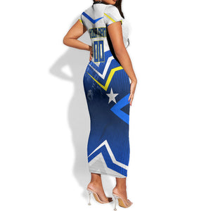 Personalized Curacao Football Marlin Mascot Short Sleeve Bodycon Dress Caribbean Flag Colors Geometric Blue