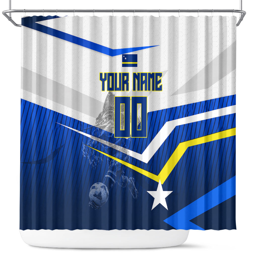 Personalized Curacao Football Marlin Mascot Shower Curtain Caribbean Flag Colors Geometric Blue
