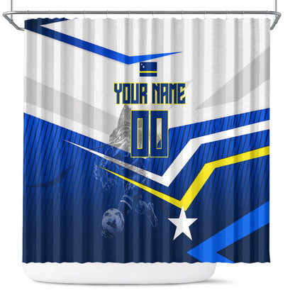 Personalized Curacao Football Marlin Mascot Shower Curtain Caribbean Flag Colors Geometric Blue