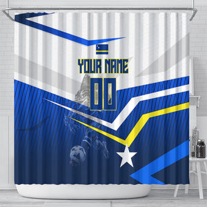 Personalized Curacao Football Marlin Mascot Shower Curtain Caribbean Flag Colors Geometric Blue