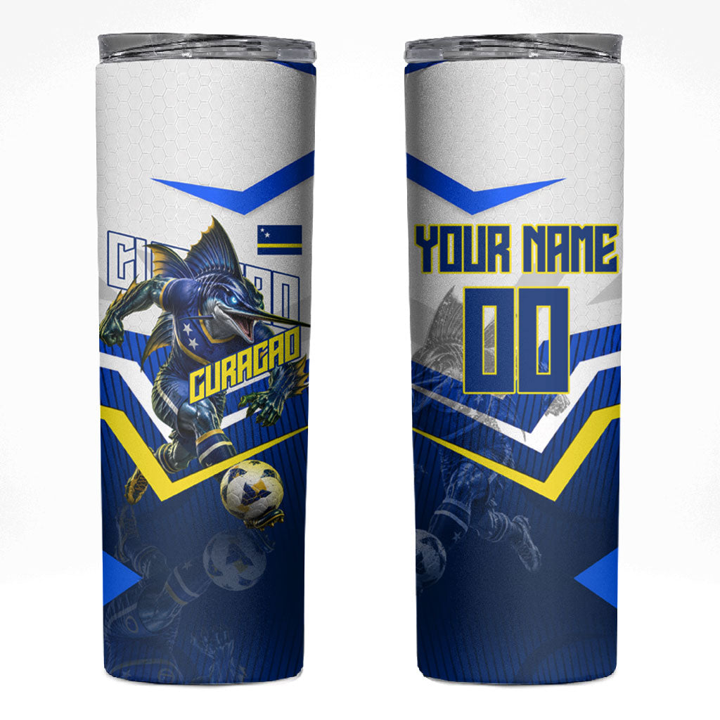 Personalized Curacao Football Marlin Mascot Skinny Tumbler Caribbean Flag Colors Geometric Blue