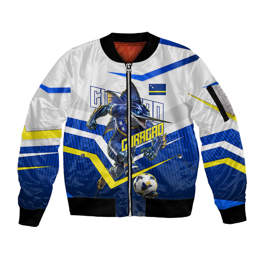 Personalized Curacao Football Marlin Mascot Sleeve Zip Bomber Jacket Caribbean Flag Colors Geometric Blue
