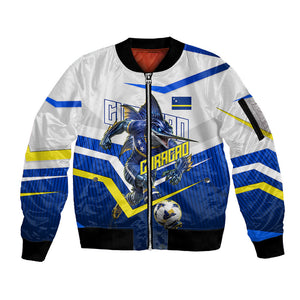 Personalized Curacao Football Marlin Mascot Sleeve Zip Bomber Jacket Caribbean Flag Colors Geometric Blue