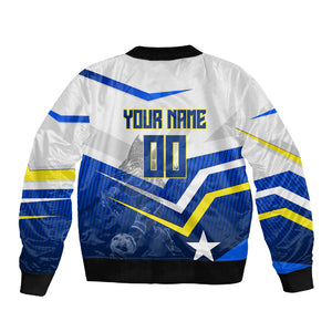 Personalized Curacao Football Marlin Mascot Sleeve Zip Bomber Jacket Caribbean Flag Colors Geometric Blue