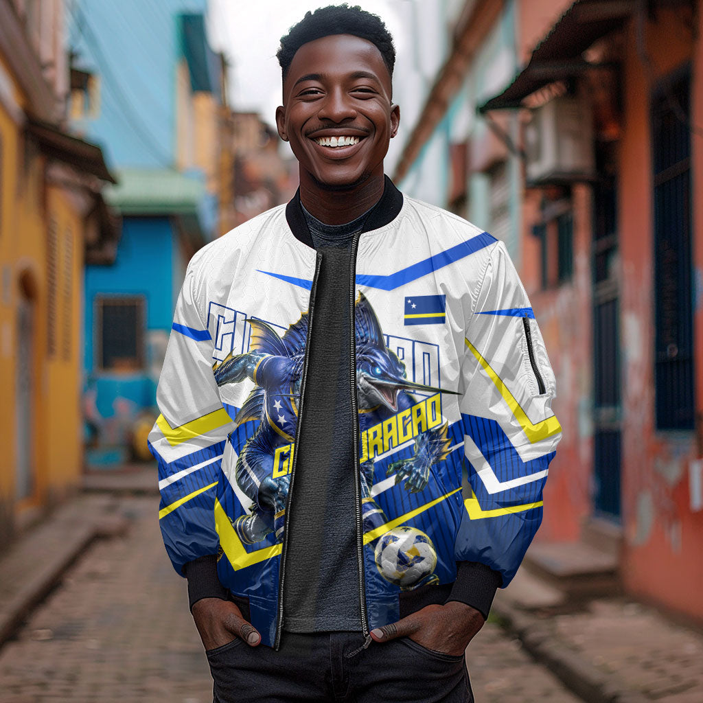 Personalized Curacao Football Marlin Mascot Sleeve Zip Bomber Jacket Caribbean Flag Colors Geometric Blue