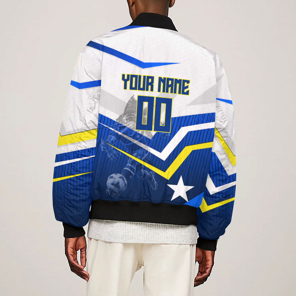 Personalized Curacao Football Marlin Mascot Sleeve Zip Bomber Jacket Caribbean Flag Colors Geometric Blue