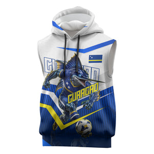 Personalized Curacao Football Marlin Mascot Sleeveless Hoodie Caribbean Flag Colors Geometric Blue