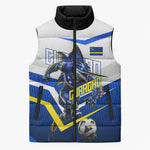 Personalized Curacao Football Marlin Mascot Sleeveless Puffer Jacket Caribbean Flag Colors Geometric Blue