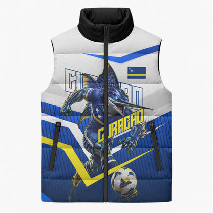 Personalized Curacao Football Marlin Mascot Sleeveless Puffer Jacket Caribbean Flag Colors Geometric Blue