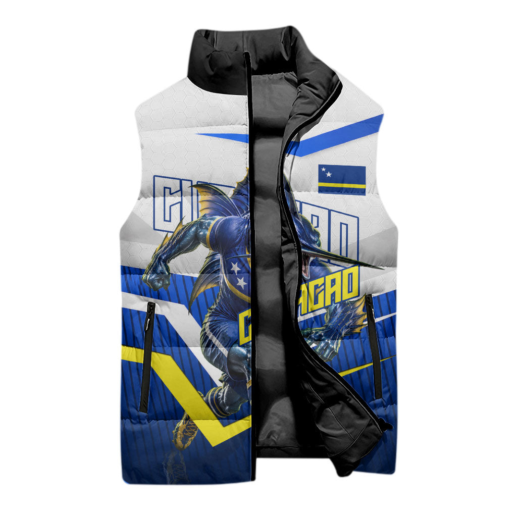 Personalized Curacao Football Marlin Mascot Sleeveless Puffer Jacket Caribbean Flag Colors Geometric Blue
