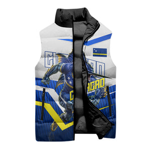 Personalized Curacao Football Marlin Mascot Sleeveless Puffer Jacket Caribbean Flag Colors Geometric Blue