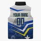 Personalized Curacao Football Marlin Mascot Sleeveless Puffer Jacket Caribbean Flag Colors Geometric Blue