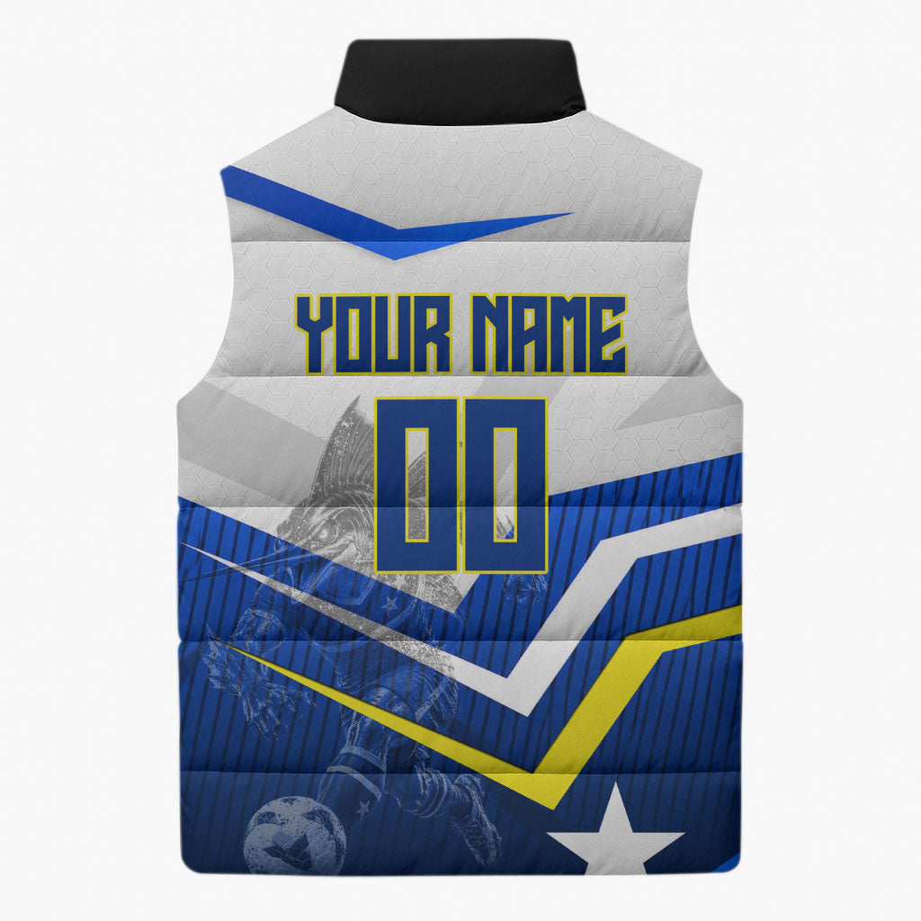 Personalized Curacao Football Marlin Mascot Sleeveless Puffer Jacket Caribbean Flag Colors Geometric Blue