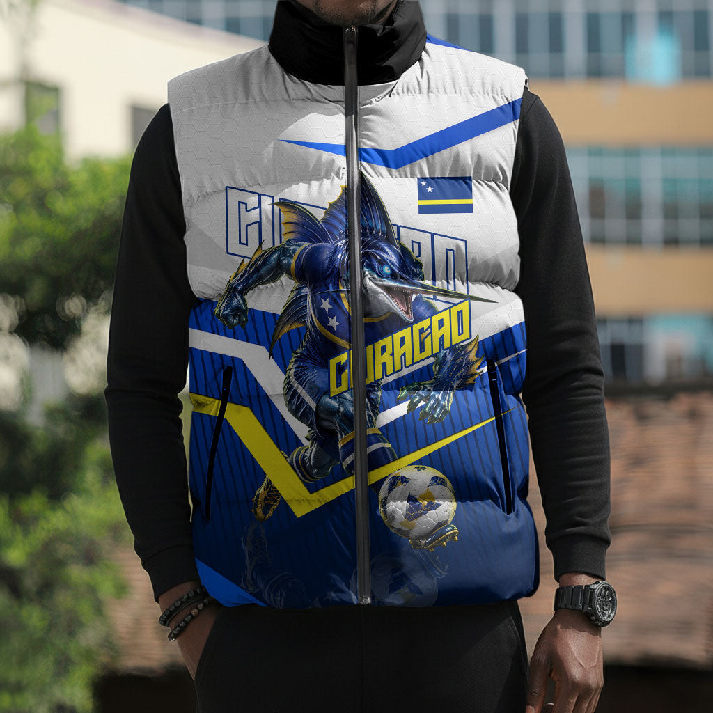 Personalized Curacao Football Marlin Mascot Sleeveless Puffer Jacket Caribbean Flag Colors Geometric Blue