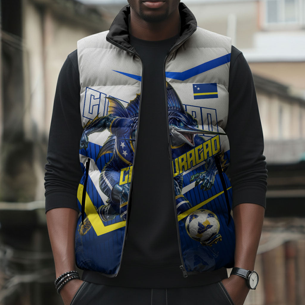 Personalized Curacao Football Marlin Mascot Sleeveless Puffer Jacket Caribbean Flag Colors Geometric Blue