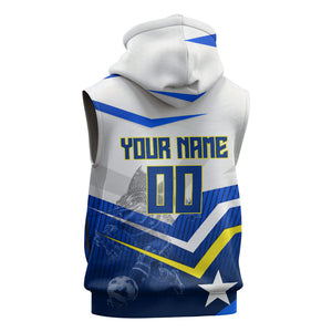 Personalized Curacao Football Marlin Mascot Sleeveless Zip Hoodie Caribbean Flag Colors Geometric Blue
