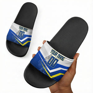 Personalized Curacao Football Marlin Mascot Slide Sandals Caribbean Flag Colors Geometric Blue