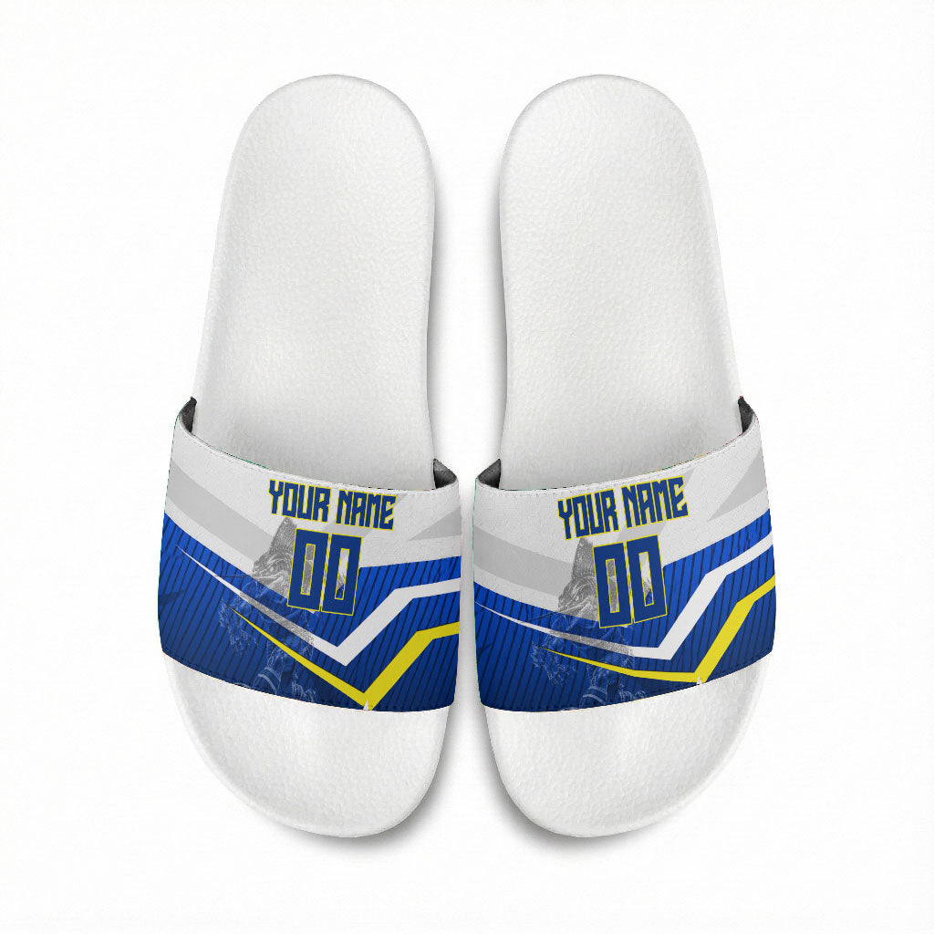 Personalized Curacao Football Marlin Mascot Slide Sandals Caribbean Flag Colors Geometric Blue