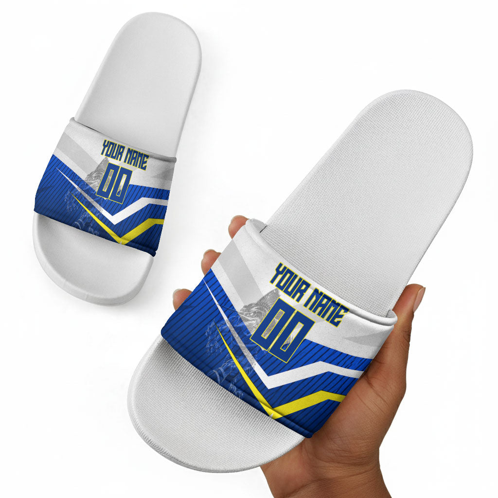 Personalized Curacao Football Marlin Mascot Slide Sandals Caribbean Flag Colors Geometric Blue