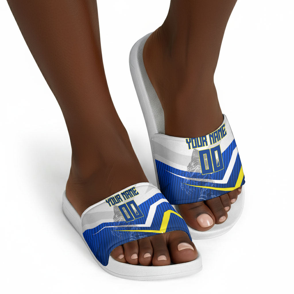 Personalized Curacao Football Marlin Mascot Slide Sandals Caribbean Flag Colors Geometric Blue