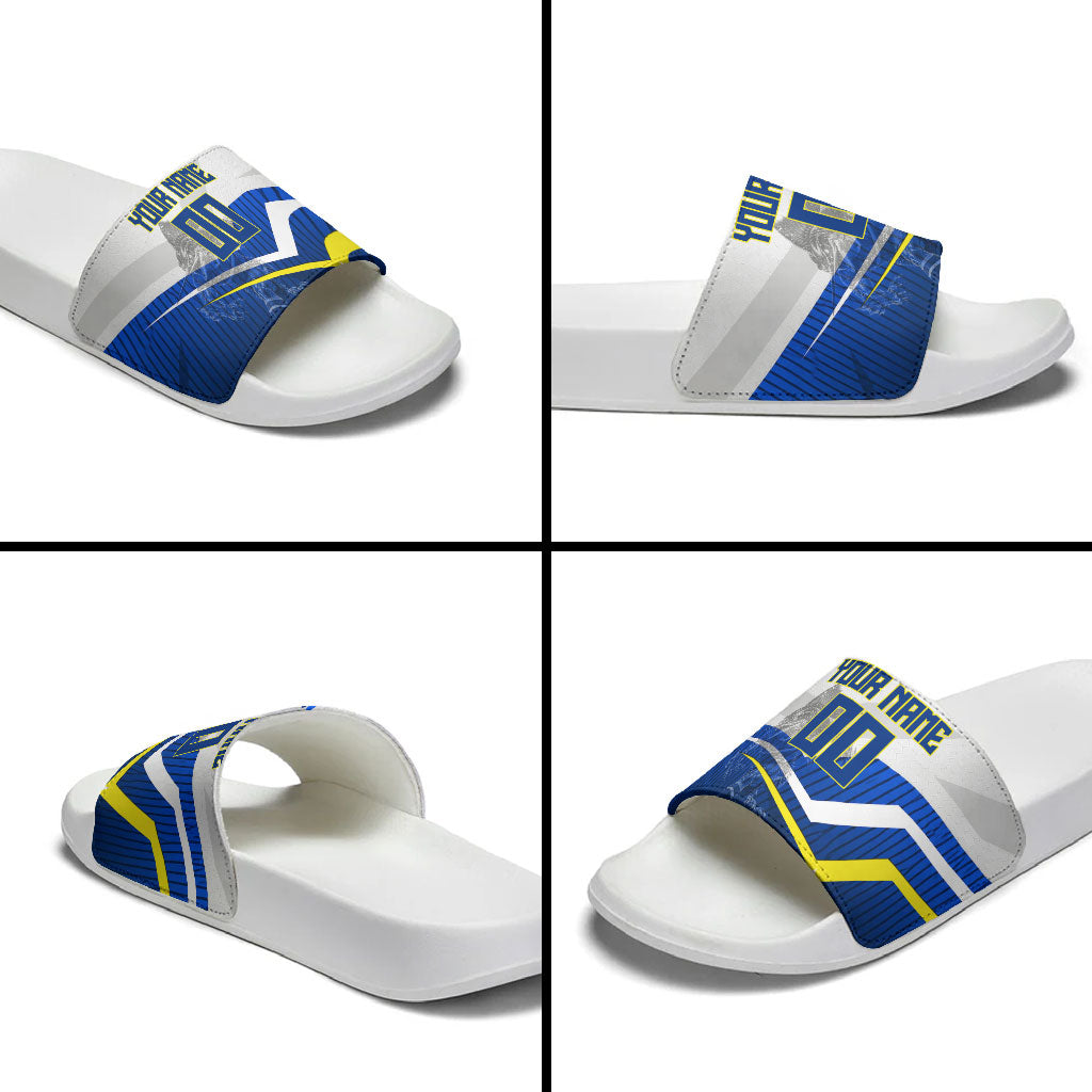 Personalized Curacao Football Marlin Mascot Slide Sandals Caribbean Flag Colors Geometric Blue
