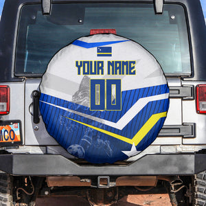 Personalized Curacao Football Marlin Mascot Spare Tire Cover Caribbean Flag Colors Geometric Blue